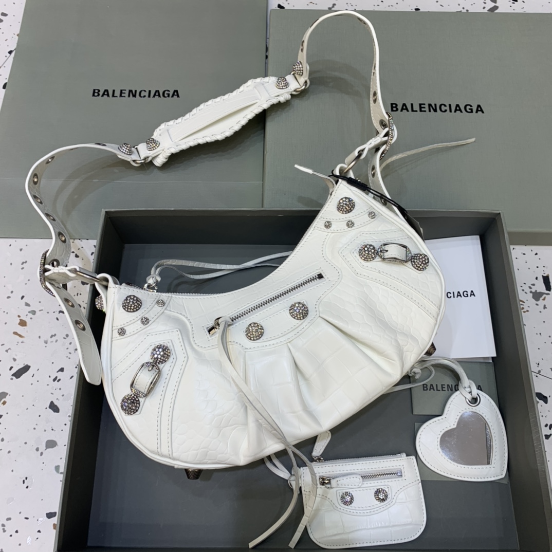 Balenciaga Le Cagole Small Shoulder Bag Crocodile Embossed Rhinestones White